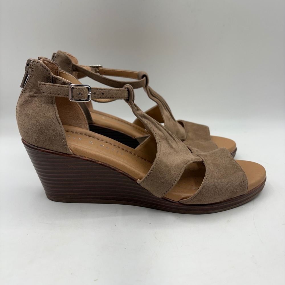 Kelly & Katie Taupe Faux Suede Pleated T-Strap Wedge Sandals Size 7M